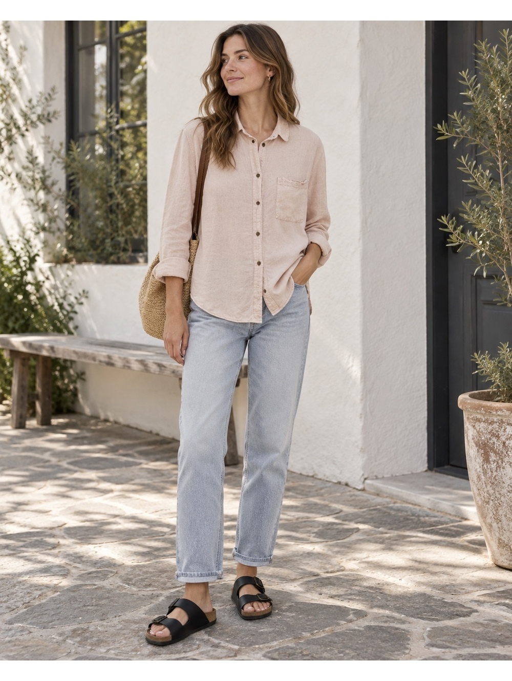 Old Navy The Boyfriend Linen Blend Shirt Beige Button-Up Shirt XS